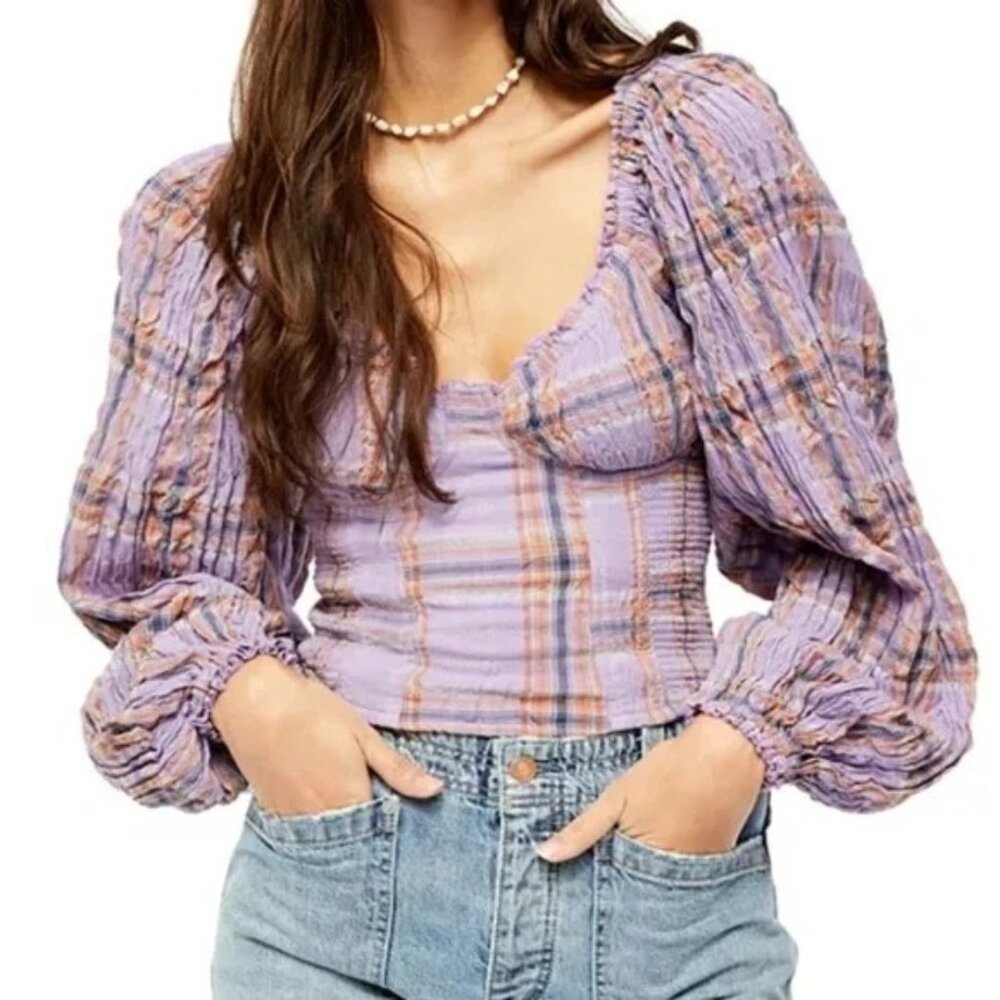 Free People Cherry Bomb Madras Purple Plaid Long Sleeve Crop Top
